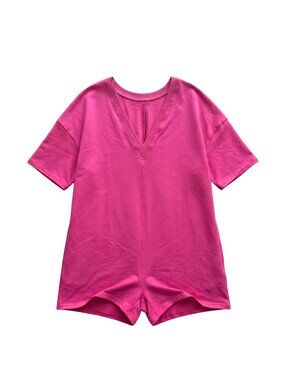 NWOT | Hot Pink V-Neck Short Sleeve Romper with Pockets Large